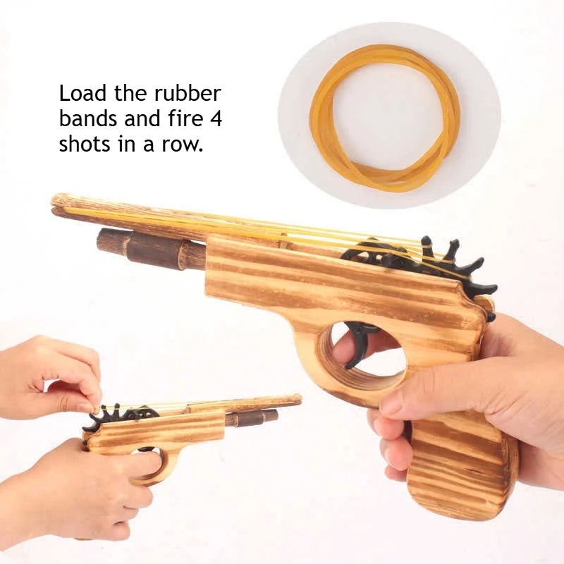 4-Schuss Holz-Gummibandpistole – Klassisches Spielzeug im nostalgischen Design