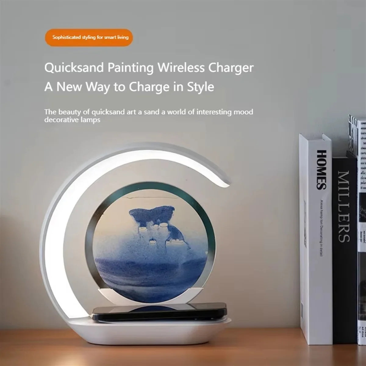 Retail! 15W Wireless Charger with Quicksand Painting Night Lamp Table Top Decoration Fast Charging Station Orange